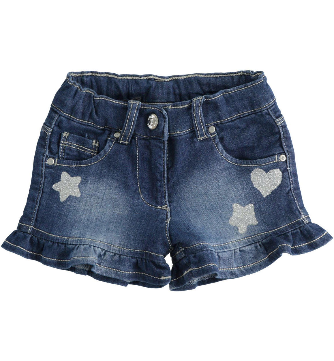 Shorts bambina in denim con ruches e stampe glitter - Sarabanda