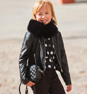 Girl's eco-leather jacket with collar BLACK