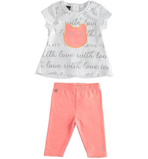 Little girl outfit with kitten t-shirt and leggings WHITE