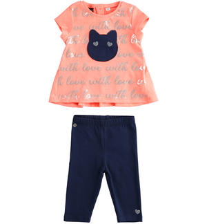 Little girl outfit with kitten t-shirt and leggings PINK