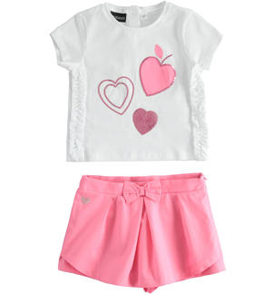 Set made of t-shirt with sequin hearts and skirt-effect trousers for girls FUCHSIA