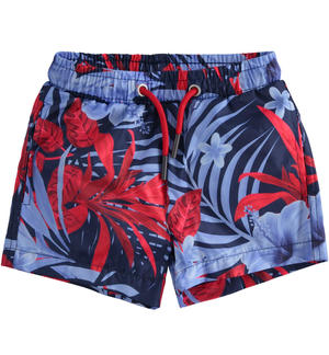 Swimsuit boxer model for boys with Hawaiian pattern BLUE