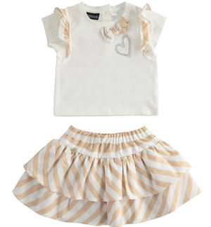 Elegant outfit for girls with t-shirt and striped skirt BEIGE