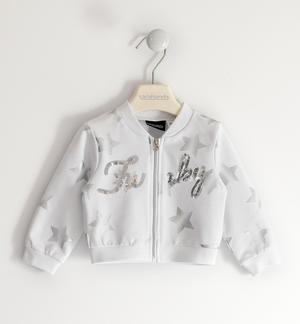Girl's sweatshirt with zip and sequin embroidery WHITE