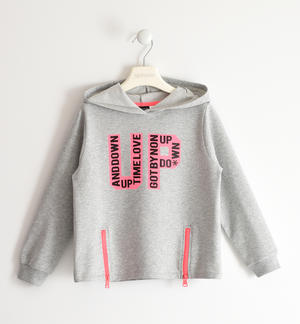 Girl's hoodie with fluorescent print and zip GREY