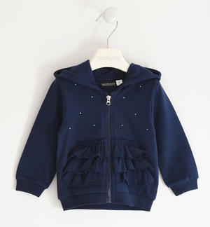 Girl's sweatshirt with zip enriched by rhinestones and ruffles BLUE
