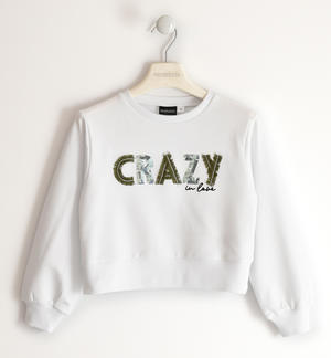 Girl's crewneck sweatshirt with sequin "crazy" lettering WHITE