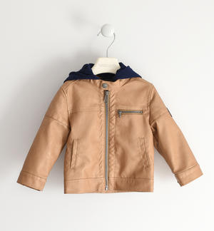 Boy's biker jacket with removable hood BROWN