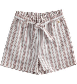 Short striped patterned trousers for girls with band BROWN