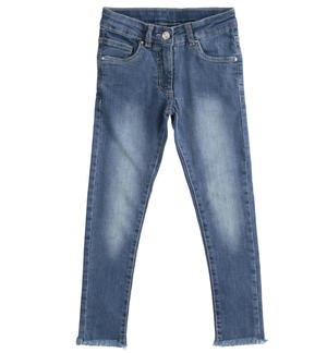 Girl's denim trousers with fringing BLUE