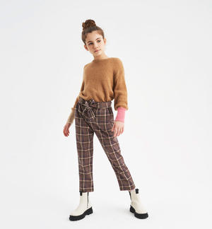 Girl's long, check-pattern trousers BROWN