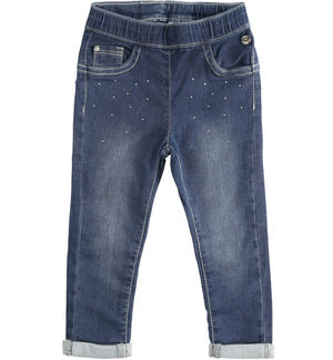Denim trousers with elastic waistband enriched with rhinestones BLUE
