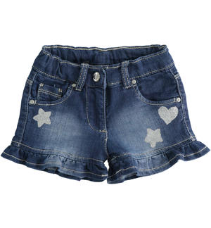 Girl's denim shorts with ruffles and glitter prints BLUE