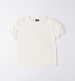 Girl's T-shirt with broderie anglaise sleeves