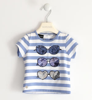 Little girl t-shirt with sequin sunglasses BLUE