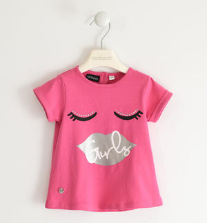 Little girl t-shirt with rhinestones and laminated print PINK