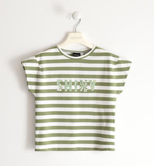 Girl's striped patterned T-shirt with reversible sequins GREEN