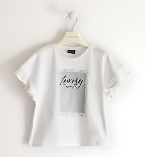T-shirt for girls with glitter print and gathered sleeves WHITE
