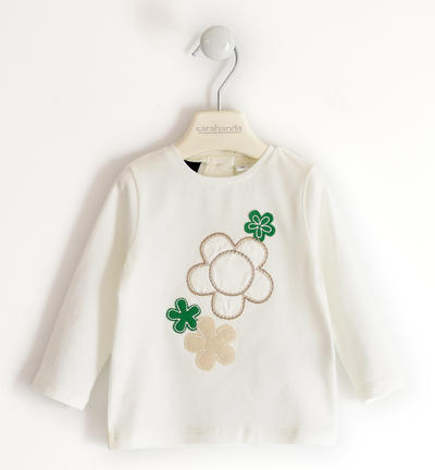 Maglia bambina girocollo con fiori PANNA