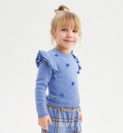 Girls' knitted jumper with pompoms LIGHT BLUE