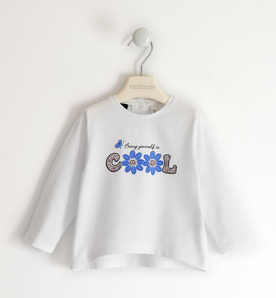 Girl's floral T-shirt with rhinestones WHITE