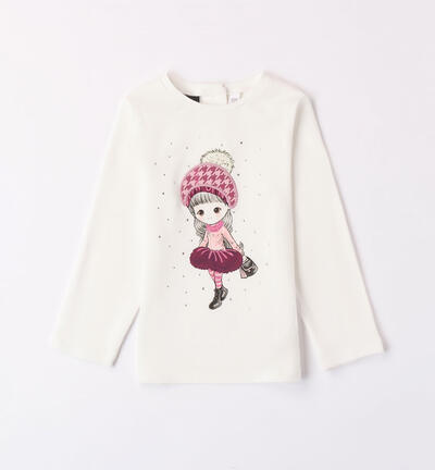 T-shirt printed with a girl in a hat CREAM