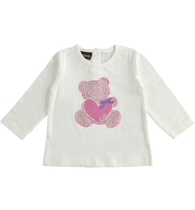 Maglietta girocollo bambina con orsetto PANNA