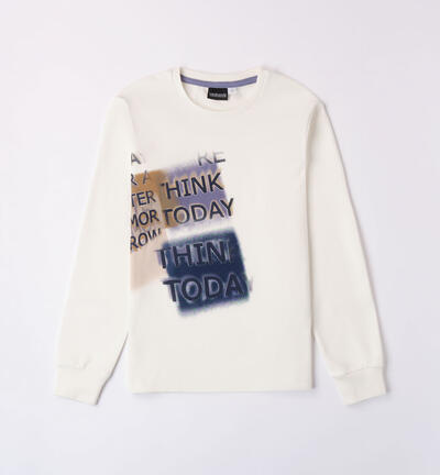 Crew neck t-shirt with lettering for boy CREAM