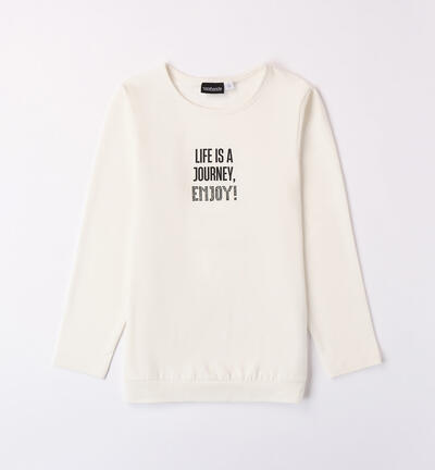 Girls' crew neck T-shirt with rhinestones CREAM