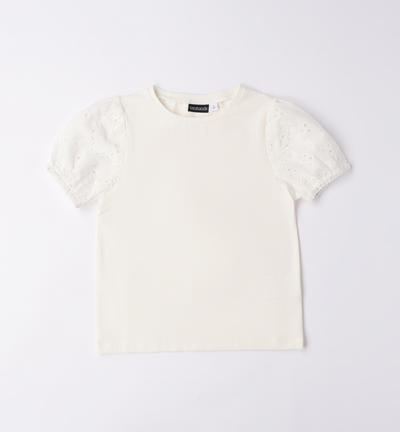 Girl's T-shirt with broderie anglaise sleeves CREAM