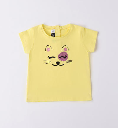 Girl's glitter kitten T-shirt YELLOW