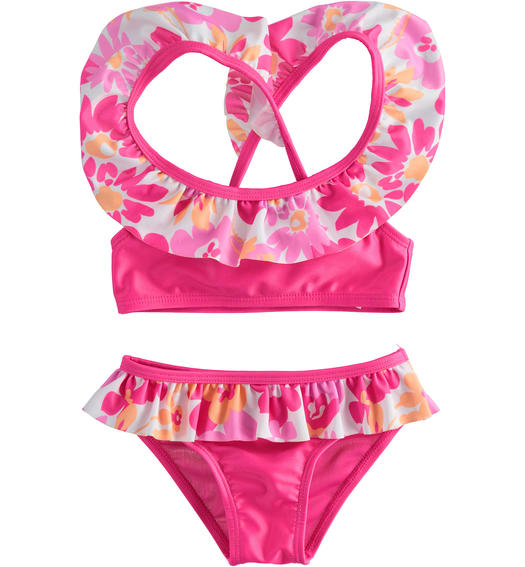Sarabanda bikini with floral flounces for girls from 6 months to 8 years FUXIA-2445