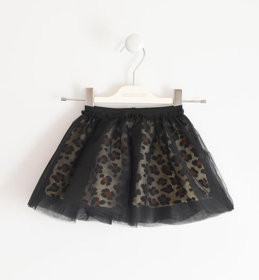 Sarabanda skirt in tulle and animalier jersey for girl from 6 months to 7 years ECRU'-NERO-6RB7