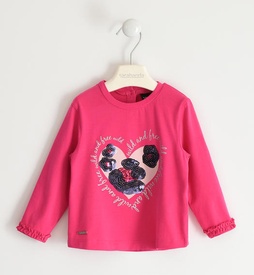 Animalier graphic crewneck t-shirt with sequins for girl from 6 months to 7 years Sarabanda FUXIA-2445