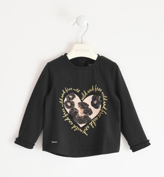 Animalier graphic crewneck t-shirt with sequins for girl from 6 months to 7 years Sarabanda NERO-0658