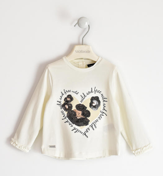 Animalier graphic crewneck t-shirt with sequins for girl from 6 months to 7 years Sarabanda PANNA-0112