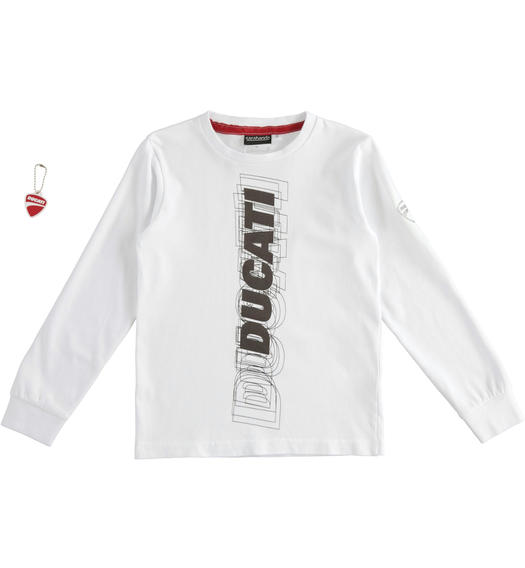 Maglietta girocollo in jersey 100% cotone Sarabanda interpreta Ducati con scritta verticale per bambino da 3 a 16 anni Sarabanda BIANCO-0113