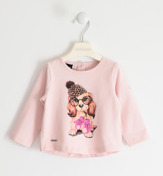Stretch jersey crewneck t-shirt with dog for girl from 6 months to 7 years Sarabanda ROSA-2715