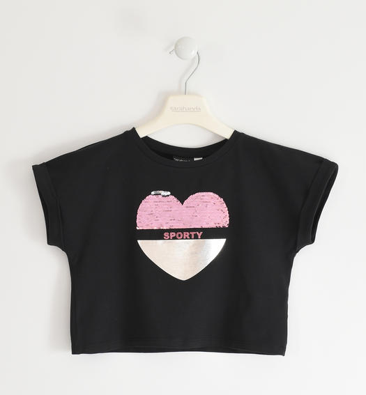 Sarabanda T-shirt with heart in reversible sequins for girls from 8 to 16 years NERO-0658