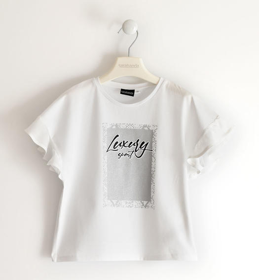 Sarabanda T-shirt with glitter print and gathered sleeves for girls from 8 to 16 years BIANCO-0113