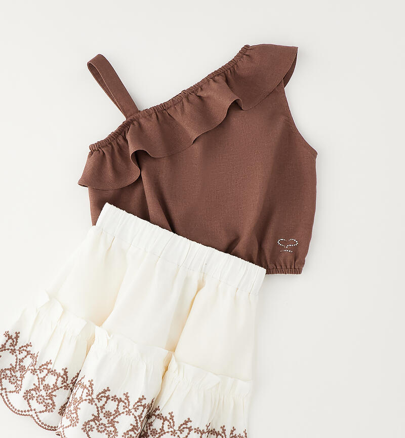 Girls' one-shoulder top set BROWN-1213