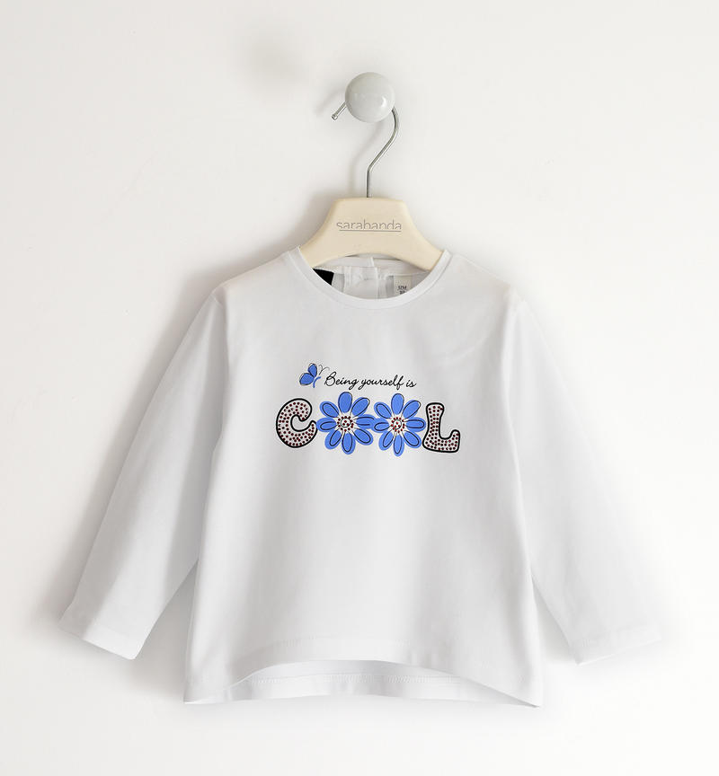 Sarabanda floral T-shirt with rhinestones for girls from 9 months to 8 years BIANCO-0113