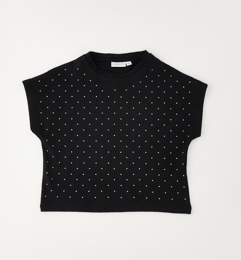 Girl's rhinestone T-shirt NERO-SILVER HOT FIX-6CDN