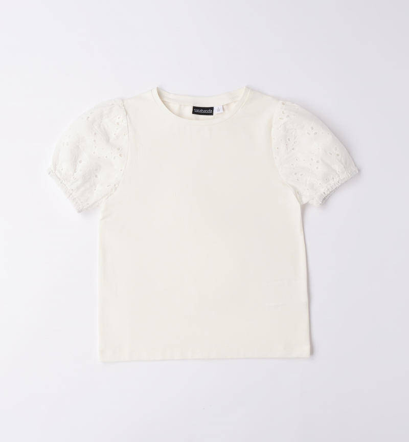 Sarabanda T-shirt with broderie anglaise sleeves for girls from 8 to 16 years PANNA-0112