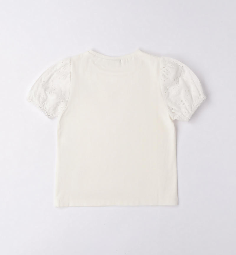Sarabanda T-shirt with broderie anglaise sleeves for girls from 8 to 16 years PANNA-0112