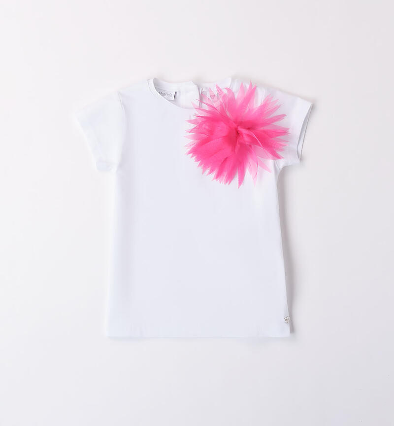T-shirt per bambina con fiore BIANCO-FUXIA-8043